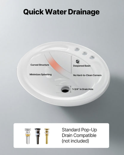 Semi Recessed Bathroom Sink, 485 x 425 mm Oval White Ceramic Vessel Sink with Overflow Hole and 3 Faucet Holes, Drop in Modern Lavatory Vanity Bath Wash Bowl Basin for Bathroom Small Spaces