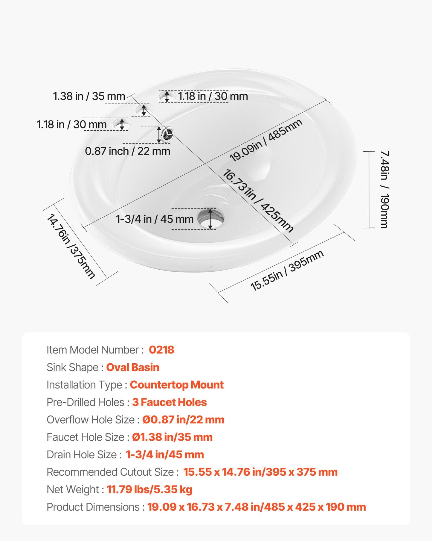 Semi Recessed Bathroom Sink, 485 x 425 mm Oval White Ceramic Vessel Sink with Overflow Hole and 3 Faucet Holes, Drop in Modern Lavatory Vanity Bath Wash Bowl Basin for Bathroom Small Spaces