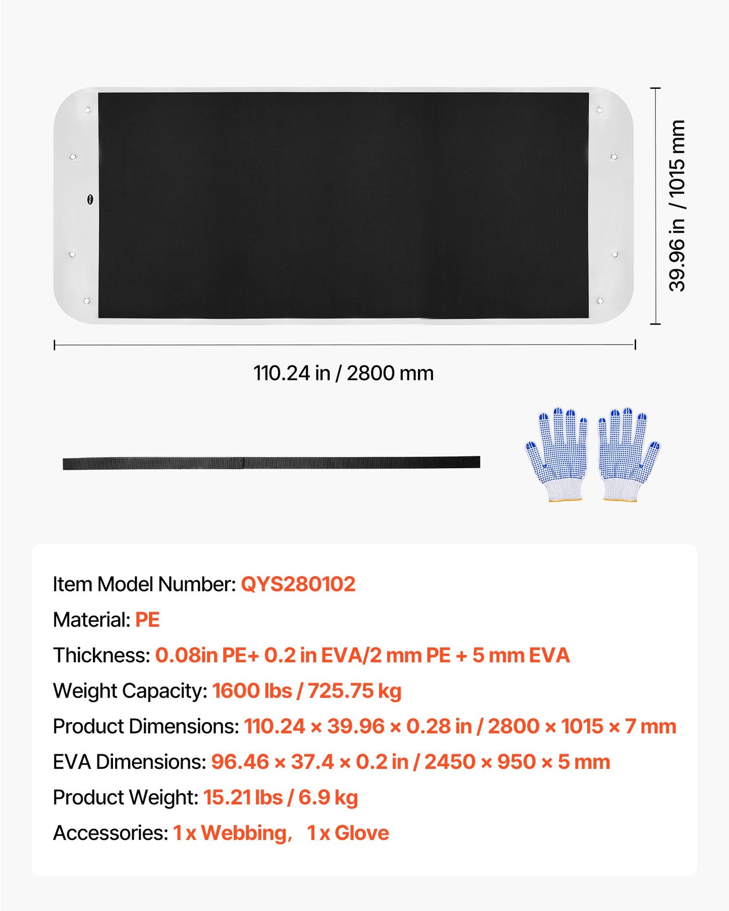 Trädgårdssläde, 280 x 101,5 cm, 725 kg kraftig utilitysläde, PE-släpvagn med rep och dragvajer, dubbel användning för vilttransport för ved-isfiske, kompatibel med ATV:er, UTV:er och traktorer
