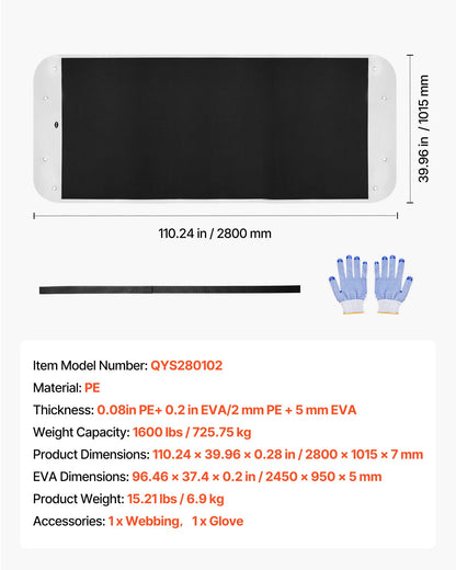 Trädgårdssläde, 280 x 101,5 cm, 725 kg kraftig utilitysläde, PE-släpvagn med rep och dragvajer, dubbel användning för vilttransport för ved-isfiske, kompatibel med ATV:er, UTV:er och traktorer