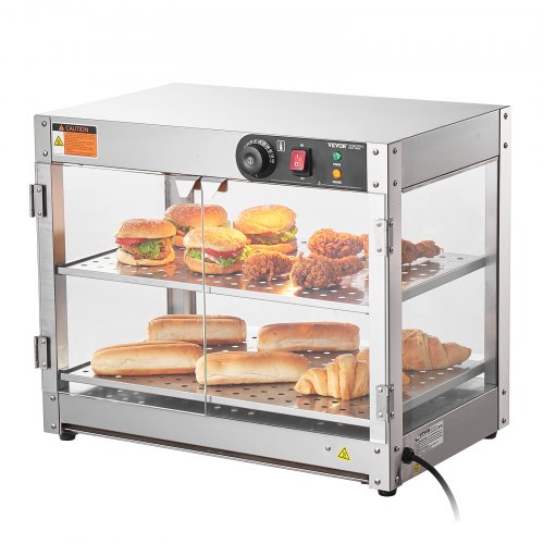 2-Tier Commercial Food Warmer Display, 800W Food Display Warmer with Light to Enhance Food Display, 30℃~85℃ Temperature Control, 58L Large Capacity for Hamburger, Pizza, Bread, Fried Chicken