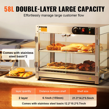 2-Tier Commercial Food Warmer Display, 800W Food Display Warmer with Light to Enhance Food Display, 30℃~85℃ Temperature Control, 58L Large Capacity for Hamburger, Pizza, Bread, Fried Chicken