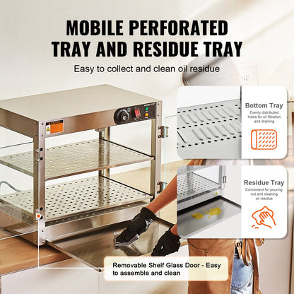 2-Tier Commercial Food Warmer Display, 800W Food Display Warmer with Light to Enhance Food Display, 30℃~85℃ Temperature Control, 58L Large Capacity for Hamburger, Pizza, Bread, Fried Chicken