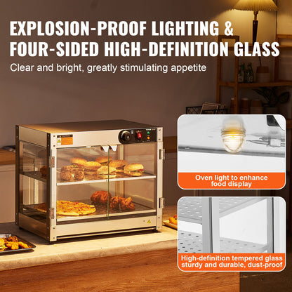 2-Tier Commercial Food Warmer Display, 800W Food Display Warmer with Light to Enhance Food Display, 30℃~85℃ Temperature Control, 58L Large Capacity for Hamburger, Pizza, Bread, Fried Chicken