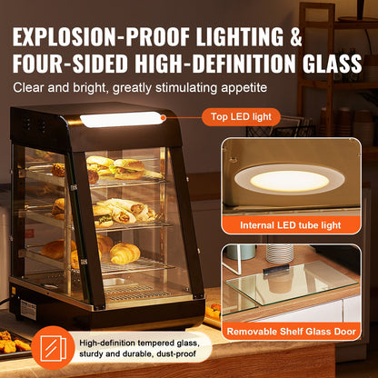 3-Tier Commercial Food Warmer Display, 1000W Food Display Warmer with Light, Adjustable Shelf and Temperature Display, 30℃~85℃ Steam Heating, 57L for Hamburger, Pizza, Bread, Fried Chicken