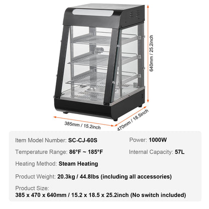 3-Tier Commercial Food Warmer Display, 1000W Food Display Warmer with Light, Adjustable Shelf and Temperature Display, 30℃~85℃ Steam Heating, 57L for Hamburger, Pizza, Bread, Fried Chicken