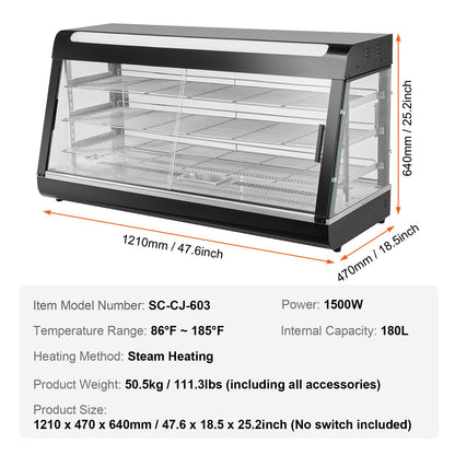 3-Tier Commercial Food Warmer Display, 1500W Food Display Warmer with Light, Adjustable Shelf and Temperature Display, 30℃~85℃ Steam Heating, 180L for Hamburger, Pizza, Bread, Fried Chicken