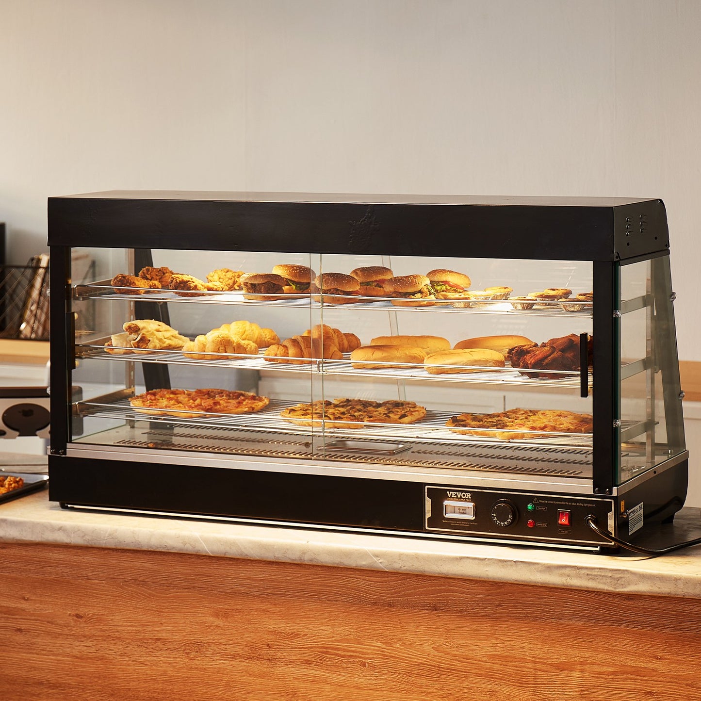 3-Tier Commercial Food Warmer Display, 1500W Food Display Warmer with Light, Adjustable Shelf and Temperature Display, 30℃~85℃ Steam Heating, 180L for Hamburger, Pizza, Bread, Fried Chicken