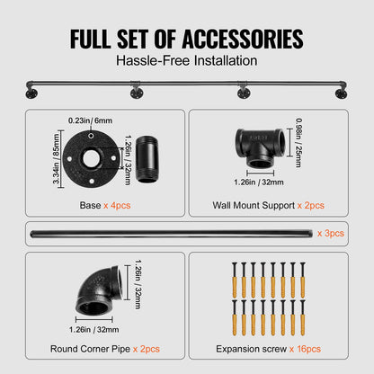 Rörräcke för trappsteg, 304,8 cm trappräcke, 199,6 kg lastkapacitet ledstång i kolstålsrör, industriellt rörräcke med väggfäste, runt hörnväggledstång för inomhus- och utomhusbruk