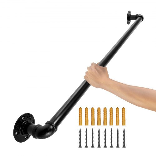 Rörräcke för trappsteg, 91,4 cm trappräcke, 199,6 kg lastkapacitet, ledstång i kolstålsrör, industriellt rörräcke med väggfäste, väggräcken med runda hörn för inomhus- och utomhusbruk