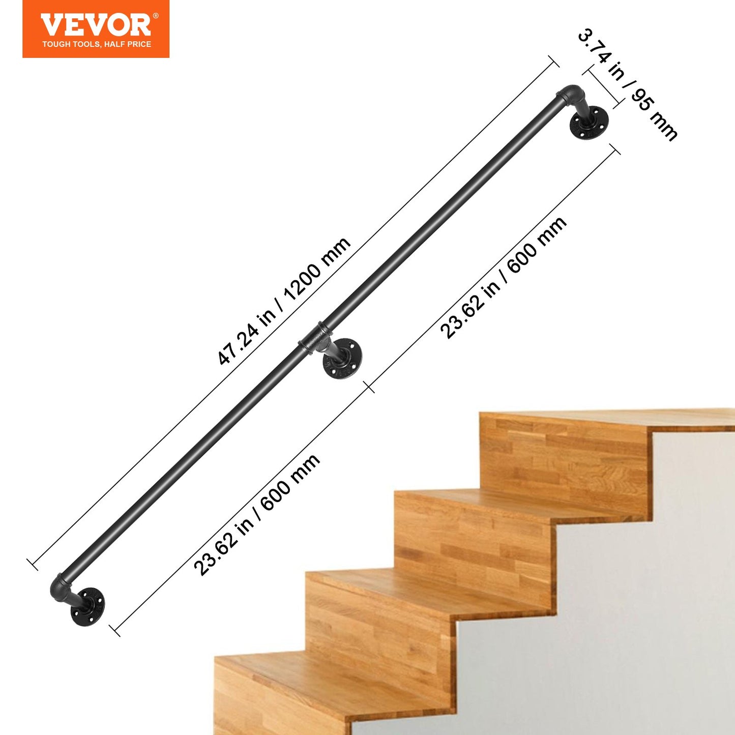 Pipe Stair Handrail, 121.9 cm Staircase Handrail, 199.6 kg Load Capacity Carbon Steel Pipe Handrail, Industrial Pipe Handrail with Wall Mount Support, Round Corner Wall Handrailings for Indoor, Outdoor