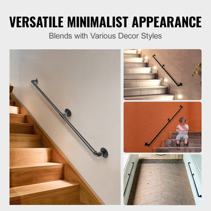 Pipe Stair Handrail, 152.4 cm Staircase Handrail, 199.6 kg Load Capacity Carbon Steel Pipe Handrail, Industrial Pipe Handrail with Wall Mount Support, Round Corner Wall Handrailings for Indoor, Outdoor