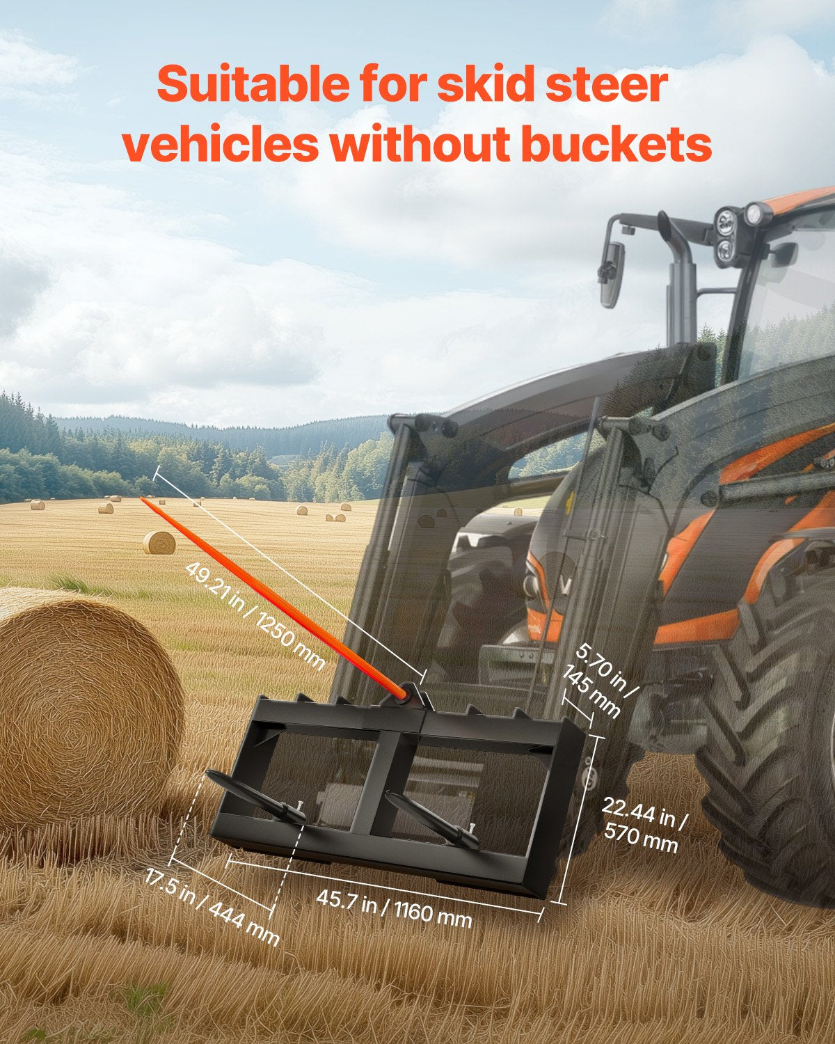 122 cm höspjut, balspjut 720 kg lastkapacitet, kompaktlastare för traktor med 2 st 42 cm stabilisatorspjut, snabbfäste för spikgafflar