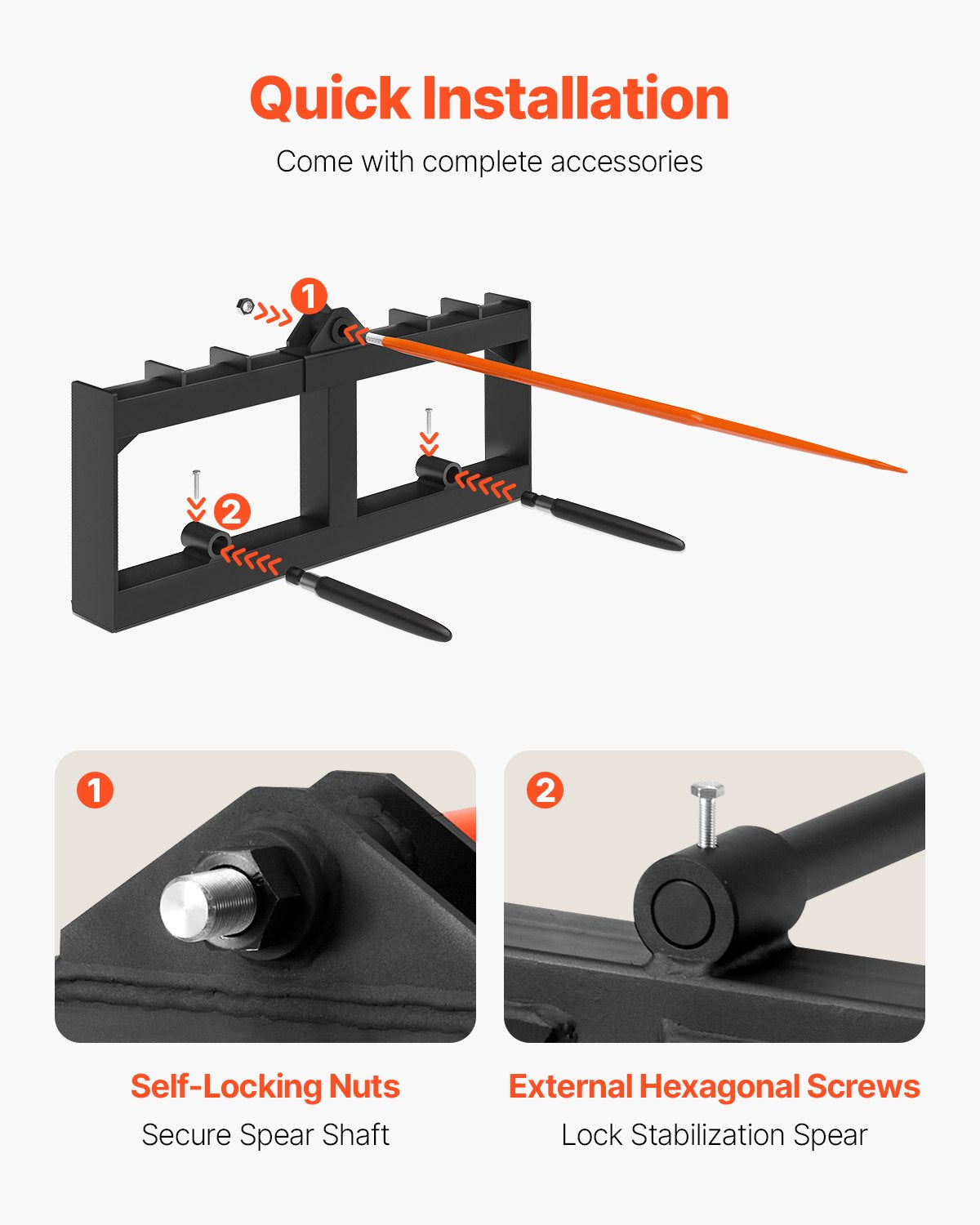 122 cm höspjut, balspjut 720 kg lastkapacitet, kompaktlastare för traktor med 2 st 42 cm stabilisatorspjut, snabbfäste för spikgafflar