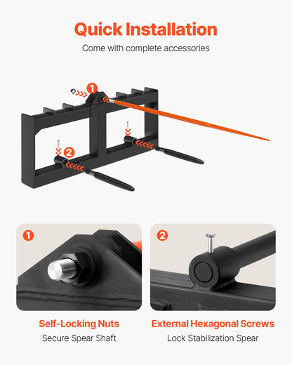 122 cm höspjut, balspjut 720 kg lastkapacitet, kompaktlastare för traktor med 2 st 42 cm stabilisatorspjut, snabbfäste för spikgafflar