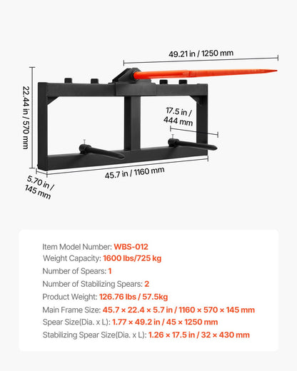 122 cm höspjut, balspjut 720 kg lastkapacitet, kompaktlastare för traktor med 2 st 42 cm stabilisatorspjut, snabbfäste för spikgafflar