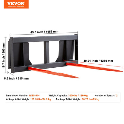 49" höspjut, balspjut 3000lbs lastkapacitet, kompaktlastare traktortillbehör 2 st spjut, snabbkoppling spikgafflar
