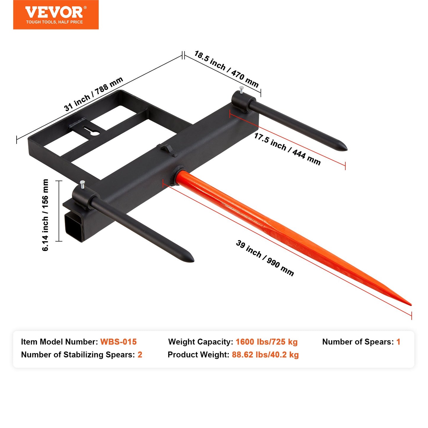 39" höspjut, balspjut 1600lbs lastkapacitet, kompaktlastare traktorskopfäste med 2 st 17,5" stabilisatorspjut och 60" kedja, snabbfäste spikgafflar