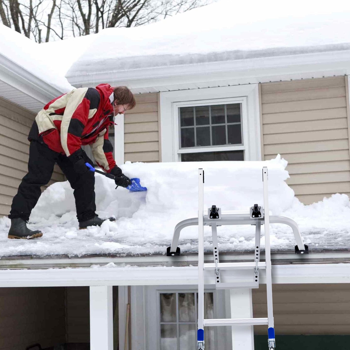 Ladder Stabilizer, 2 in 1 Extension Wall Ladder Standoff Hook, Roof Ridge Ladder Accessories Both Horizontally and Vertically, Heavy-duty Steel Rubber Grip T-Bar, Quick Access to Steep Roofs