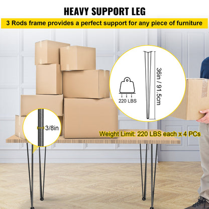 Hairpin Table Legs 91.4 cm Black Set of 4 Desk Legs 399.2 kg Load Capacity (Each 99.8 kg) Hairpin Desk Legs 3 Rods for Bench Desk Dining End Table Chairs Carbon Steel DIY Heavy Duty Furniture Legs