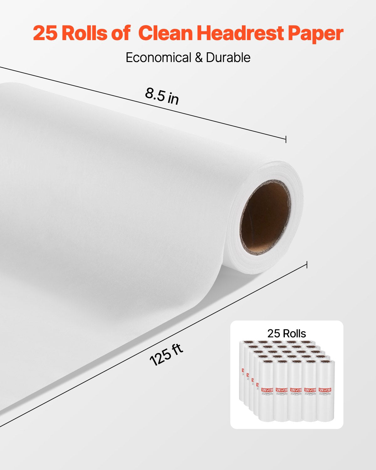 Pappersrullar för huvudstöd, 25-pack 8,5" x 125 ft medicinskt undersökningspapper med kräppyta, engångspapper för huvudstöd för barriärskydd, perfekt för massage-, undersöknings- och kiropraktikbord, vit