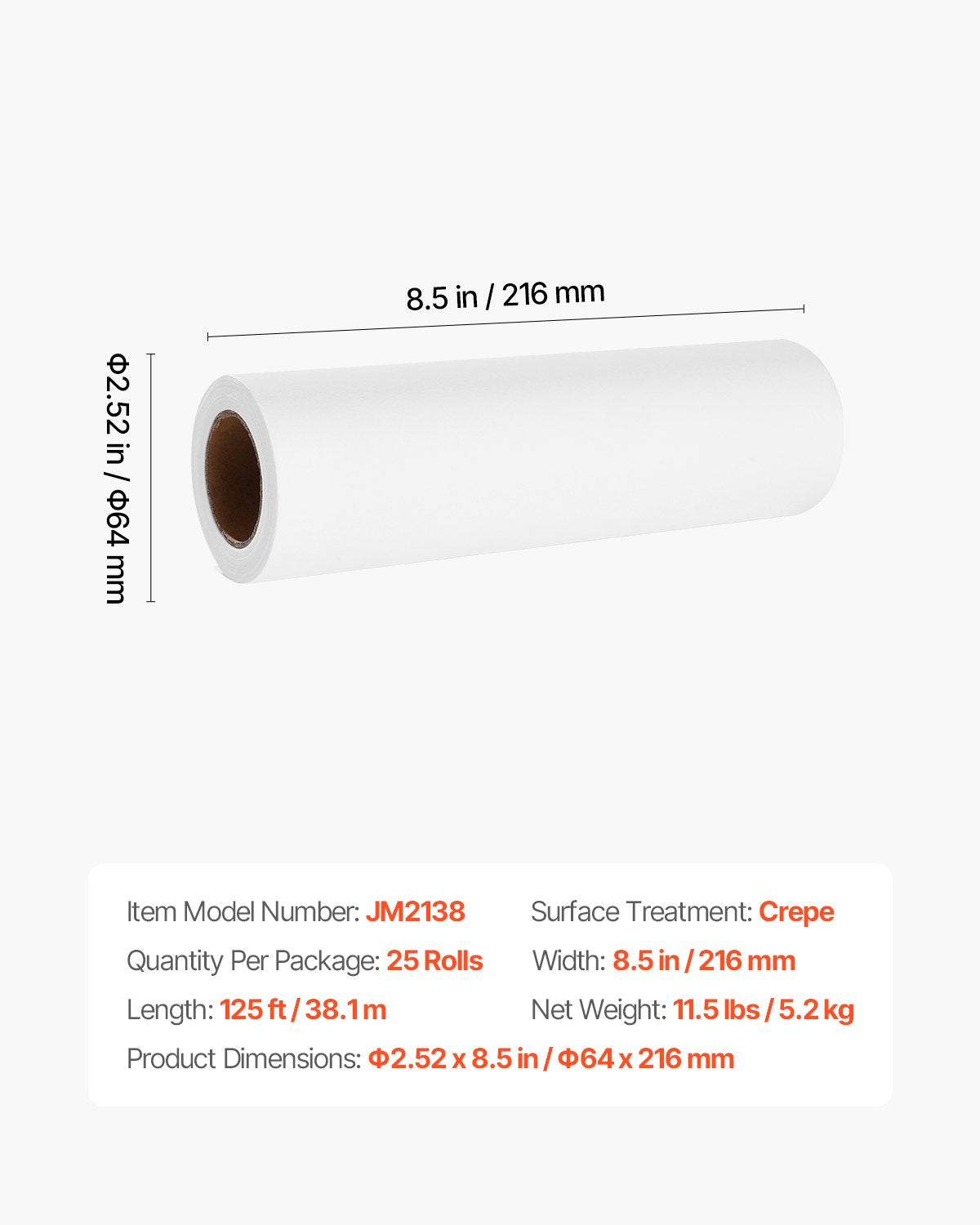 Pappersrullar för huvudstöd, 25-pack 8,5" x 125 ft medicinskt undersökningspapper med kräppyta, engångspapper för huvudstöd för barriärskydd, perfekt för massage-, undersöknings- och kiropraktikbord, vit