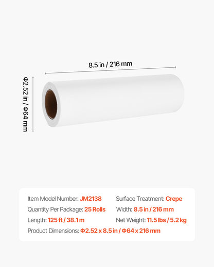 Pappersrullar för huvudstöd, 25-pack 8,5" x 125 ft medicinskt undersökningspapper med kräppyta, engångspapper för huvudstöd för barriärskydd, perfekt för massage-, undersöknings- och kiropraktikbord, vit
