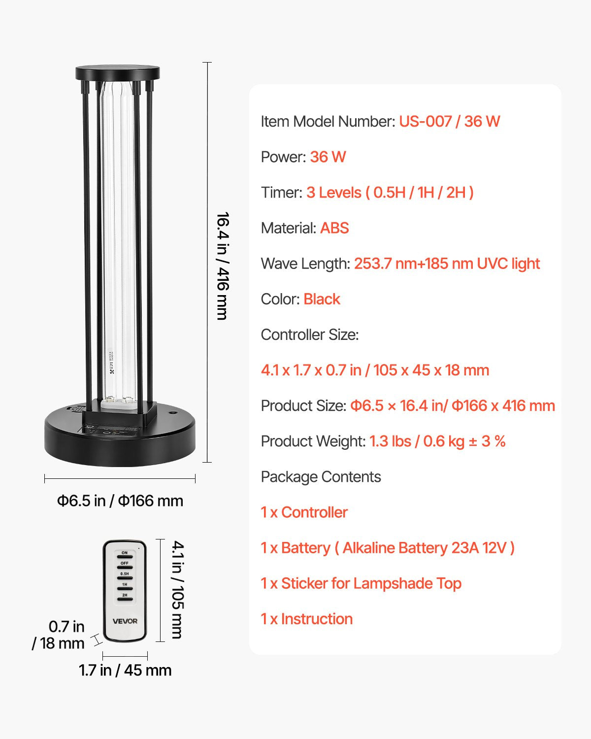 UV-ljus, 36W ultraviolett lampa med ozonrenare, UVC-lampa med 30/60/120 minuters timer med 3 växlar och fjärrkontroll, för rum upp till 37 m², UVO-lampor för vardagsrum, sovrum, hotell, skola