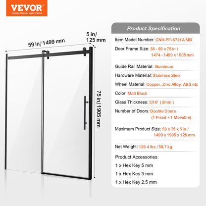 Frameless Shower Door, 58-59" W x 75" H, Shower Sliding Glass Door with 5/16"(8mm) Clear SGCC Tempered Glass, Waterproof Shatterproof Stain-Resistant with Stainless Steel Hardware, Matte Black