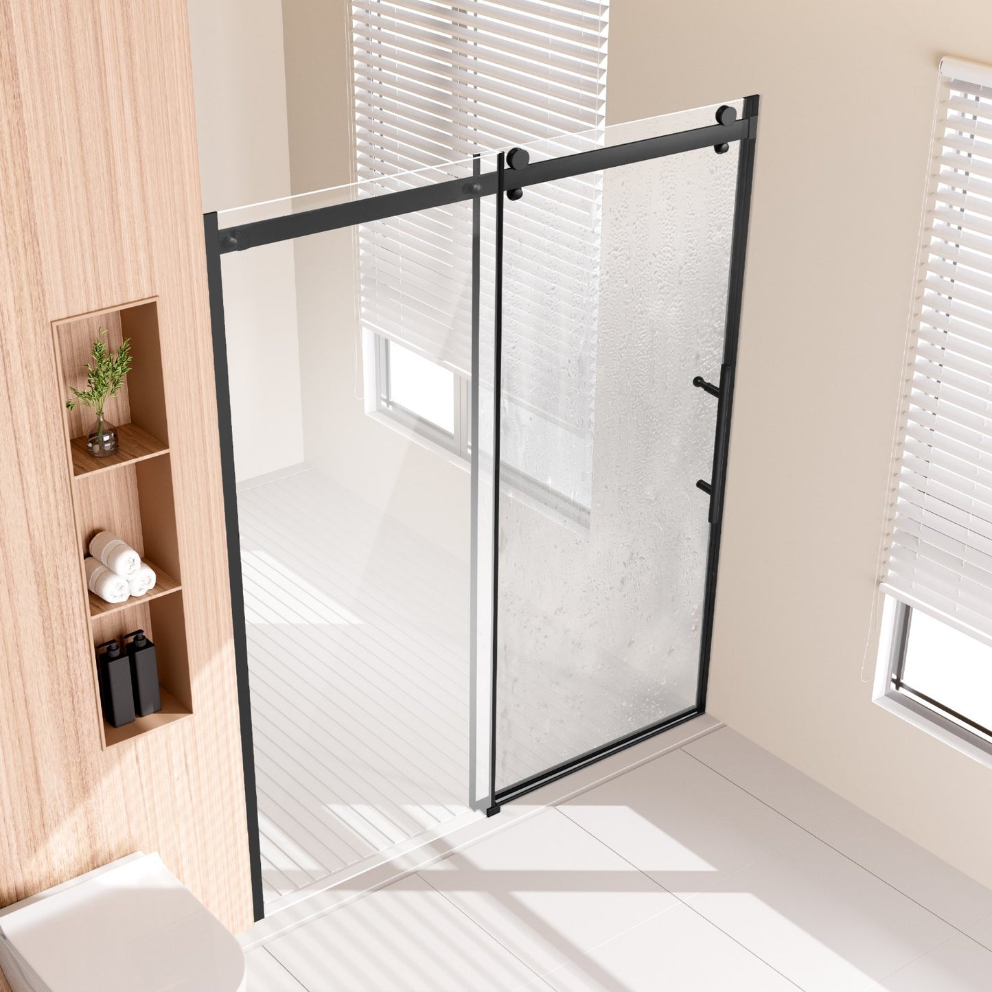 Frameless Shower Door, 58-59" W x 75" H, Shower Sliding Glass Door with 5/16"(8mm) Clear SGCC Tempered Glass, Waterproof Shatterproof Stain-Resistant with Stainless Steel Hardware, Matte Black