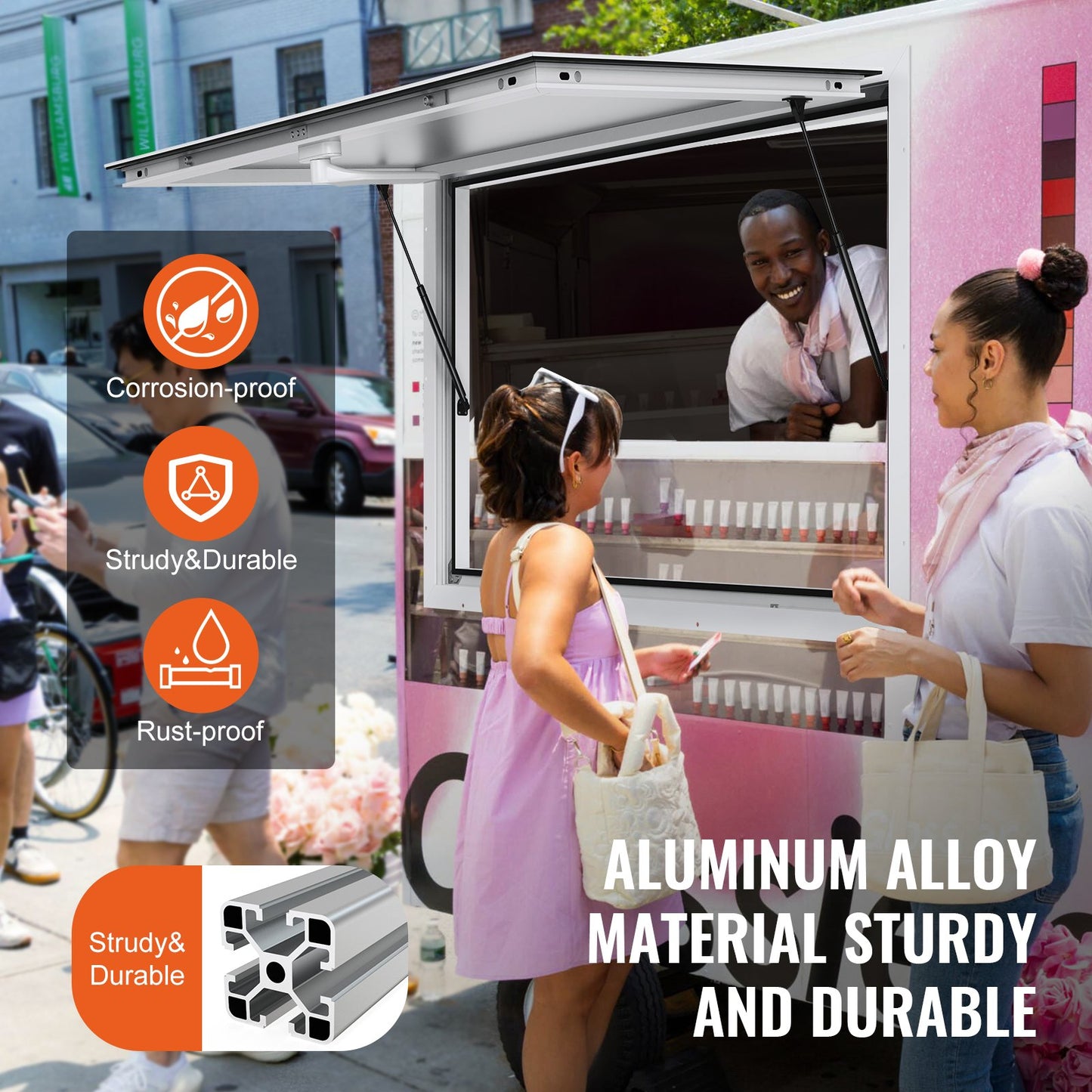Concession Window for Food Truck, 48"x36" Aluminum Alloy Food Truck Service Window, Up to 85 Degrees Stand Serving Window with Awning Door & Drag Hook, for Food Trucks Concession Trailers
