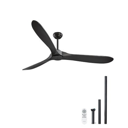 72 Inch Ceiling Fan without Light, 6-Speed Remote Control, 3-Wood-Blade, Reversible DC Motor, Modern Low Profile Flush Mount Exterior Fan for Bedroom, Living Room, Patio, Indoor/Outdoor, Black