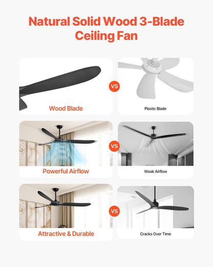 72 Inch Ceiling Fan without Light, 6-Speed Remote Control, 3-Wood-Blade, Reversible DC Motor, Modern Low Profile Flush Mount Exterior Fan for Bedroom, Living Room, Patio, Indoor/Outdoor, Black