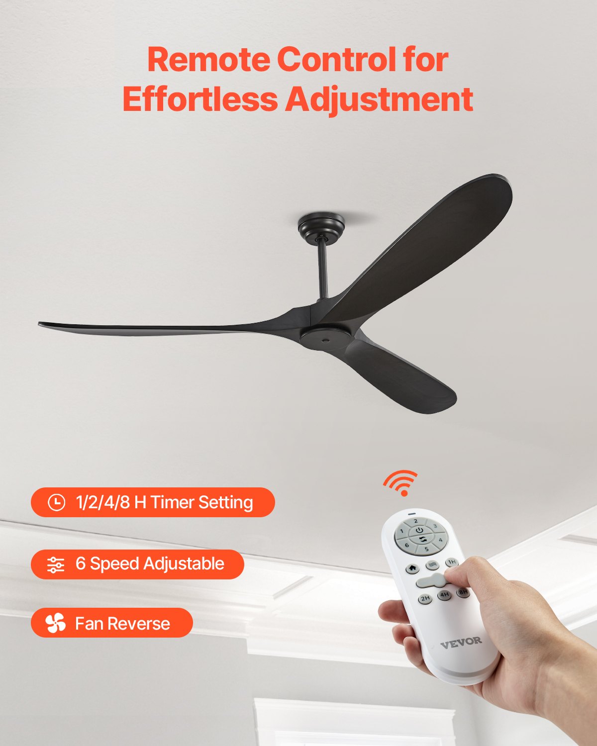 72 Inch Ceiling Fan without Light, 6-Speed Remote Control, 3-Wood-Blade, Reversible DC Motor, Modern Low Profile Flush Mount Exterior Fan for Bedroom, Living Room, Patio, Indoor/Outdoor, Black