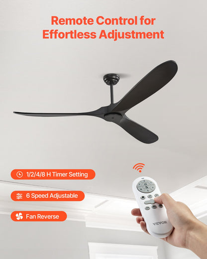 72 Inch Ceiling Fan without Light, 6-Speed Remote Control, 3-Wood-Blade, Reversible DC Motor, Modern Low Profile Flush Mount Exterior Fan for Bedroom, Living Room, Patio, Indoor/Outdoor, Black