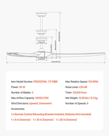72 Inch Ceiling Fan without Light, 6-Speed Remote Control, 3-Wood-Blade, Reversible DC Motor, Modern Low Profile Flush Mount Exterior Fan for Bedroom, Living Room, Patio, Indoor/Outdoor, Black