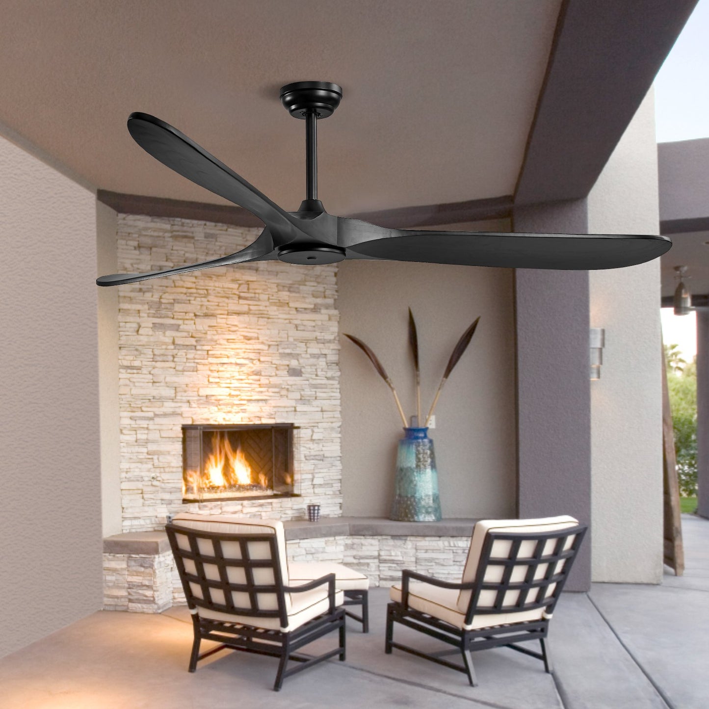 72 Inch Ceiling Fan without Light, 6-Speed Remote Control, 3-Wood-Blade, Reversible DC Motor, Modern Low Profile Flush Mount Exterior Fan for Bedroom, Living Room, Patio, Indoor/Outdoor, Black