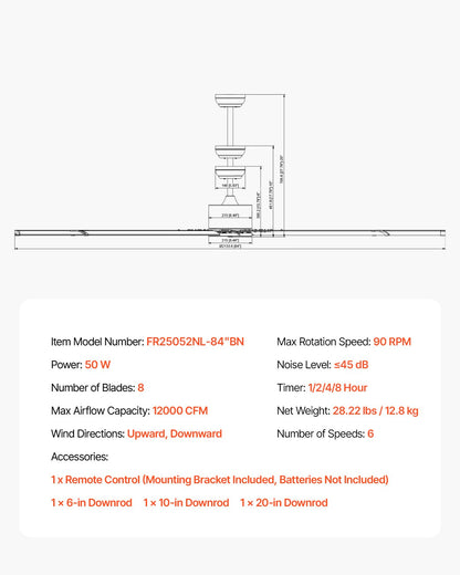 213 cm Ceiling Fan No Light, 6-Speed Remote Control, Aluminum 8-Blade, Reversible DC Motor, Modern Low Profile Flush Mount Fan for Bedroom, Living Room, Patio, Indoor/Outdoor, Brushed Nickel