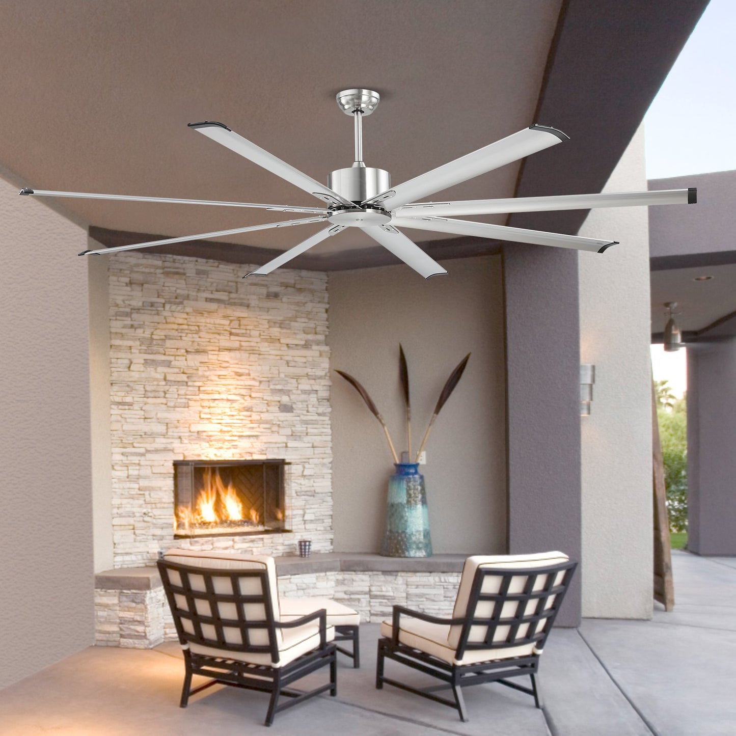 213 cm Ceiling Fan No Light, 6-Speed Remote Control, Aluminum 8-Blade, Reversible DC Motor, Modern Low Profile Flush Mount Fan for Bedroom, Living Room, Patio, Indoor/Outdoor, Brushed Nickel