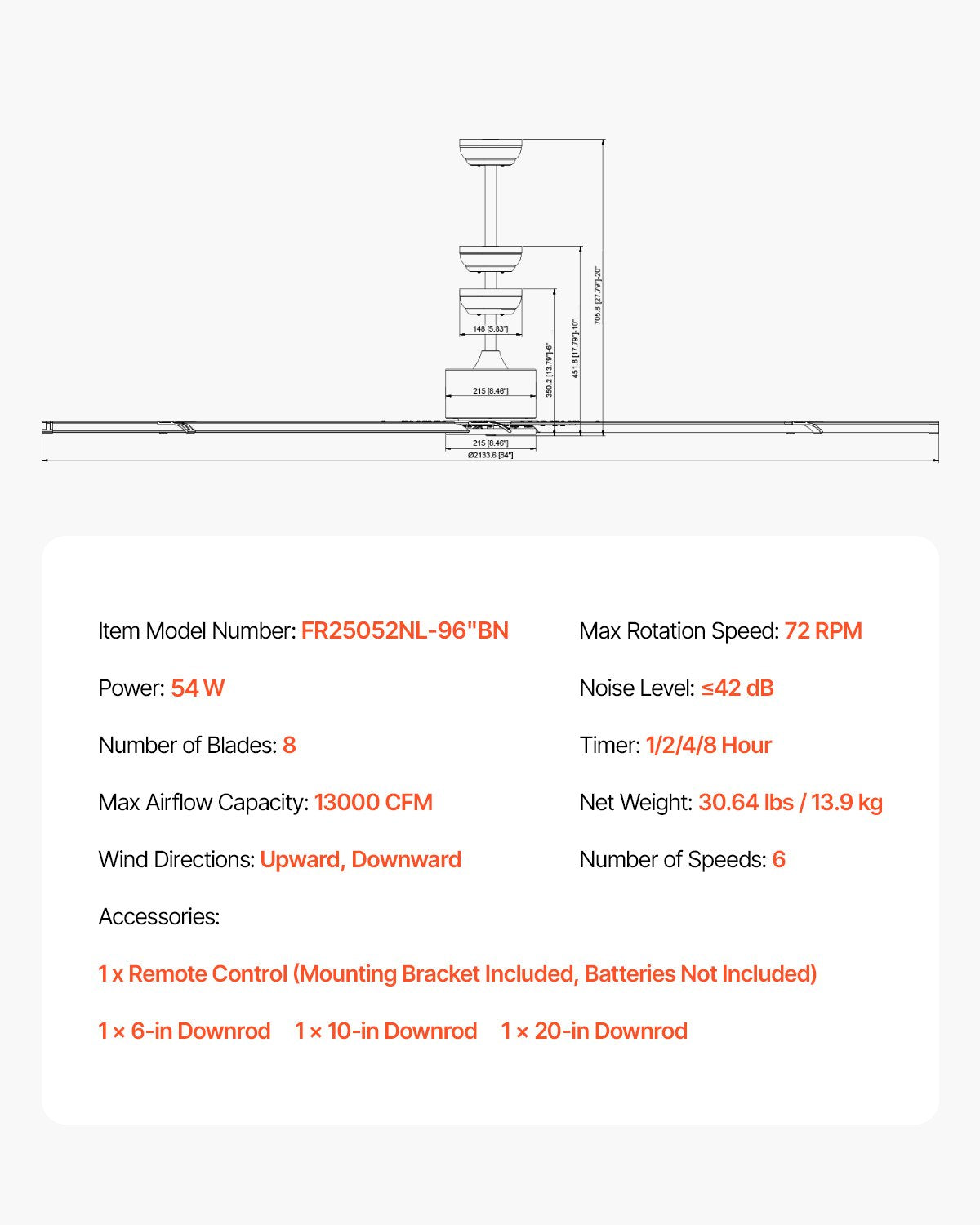 244 cm Ceiling Fan No Light, 6-Speed Remote Control, Aluminum 8-Blade, Reversible DC Motor, Modern Low Profile Flush Mount Fan for Bedroom, Living Room, Patio, Indoor/Outdoor, Brushed Nickel