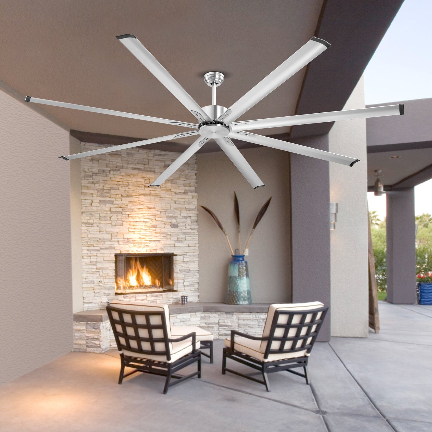244 cm Ceiling Fan No Light, 6-Speed Remote Control, Aluminum 8-Blade, Reversible DC Motor, Modern Low Profile Flush Mount Fan for Bedroom, Living Room, Patio, Indoor/Outdoor, Brushed Nickel