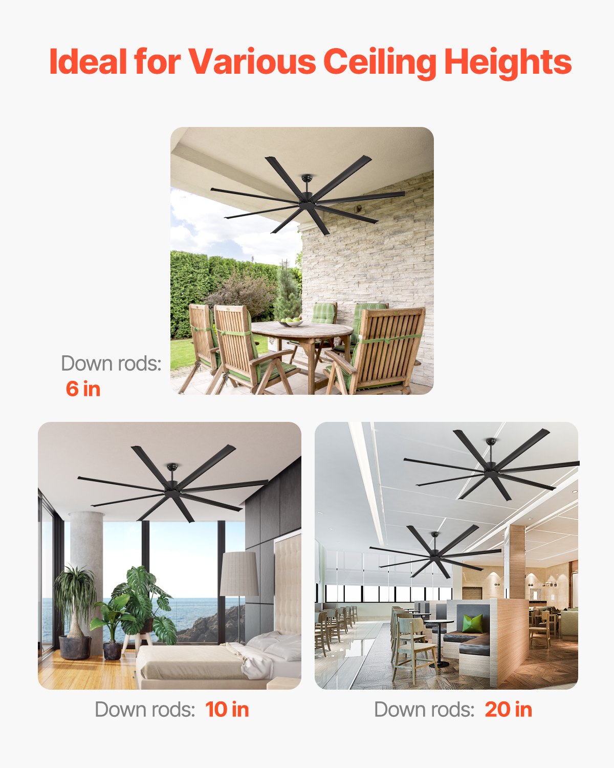 244 cm Ceiling Fan No Light, 6-Speed Remote Control, Aluminum 8-Blade, Reversible DC Motor, Modern Low Profile Flush Mount Exterior Fan for Bedroom, Living Room, Patio, Indoor/Outdoor, Black