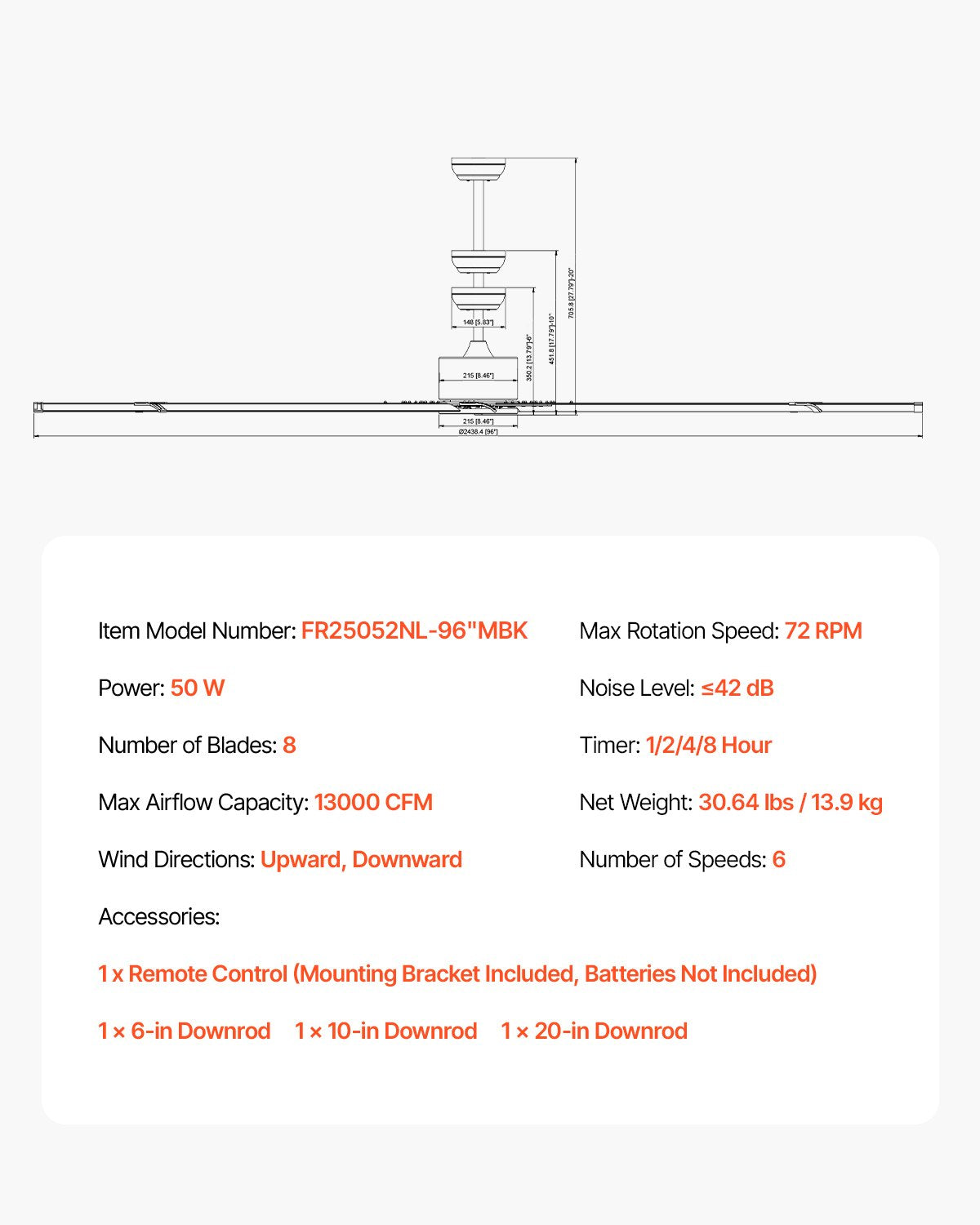 244 cm Ceiling Fan No Light, 6-Speed Remote Control, Aluminum 8-Blade, Reversible DC Motor, Modern Low Profile Flush Mount Exterior Fan for Bedroom, Living Room, Patio, Indoor/Outdoor, Black