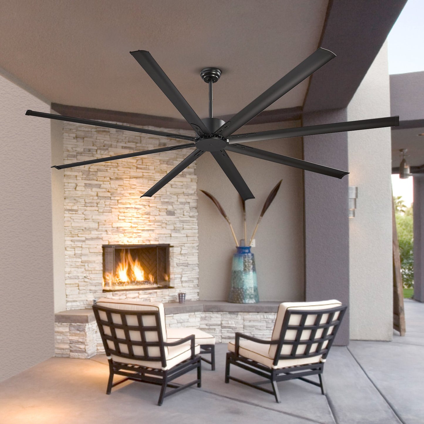 244 cm Ceiling Fan No Light, 6-Speed Remote Control, Aluminum 8-Blade, Reversible DC Motor, Modern Low Profile Flush Mount Exterior Fan for Bedroom, Living Room, Patio, Indoor/Outdoor, Black