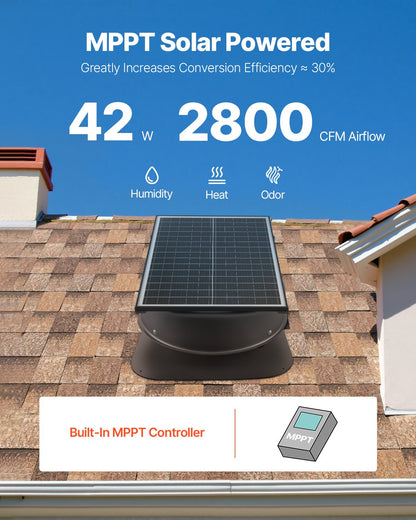 Roof Attic Exhaust Fan, 42W Smart Solar Roof Ventilation Fan with Thermostat, Remote Control, 2800 CFM Airflow Built-in Brushless DC Motor for Cooling