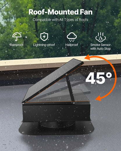 Roof Attic Exhaust Fan, 35W Smart Solar Roof Ventilation Fan Auto Temperature Control, 2400 CFM Airflow Built-in Brushless DC Motor for Cooling and Dehumidification, No Remote