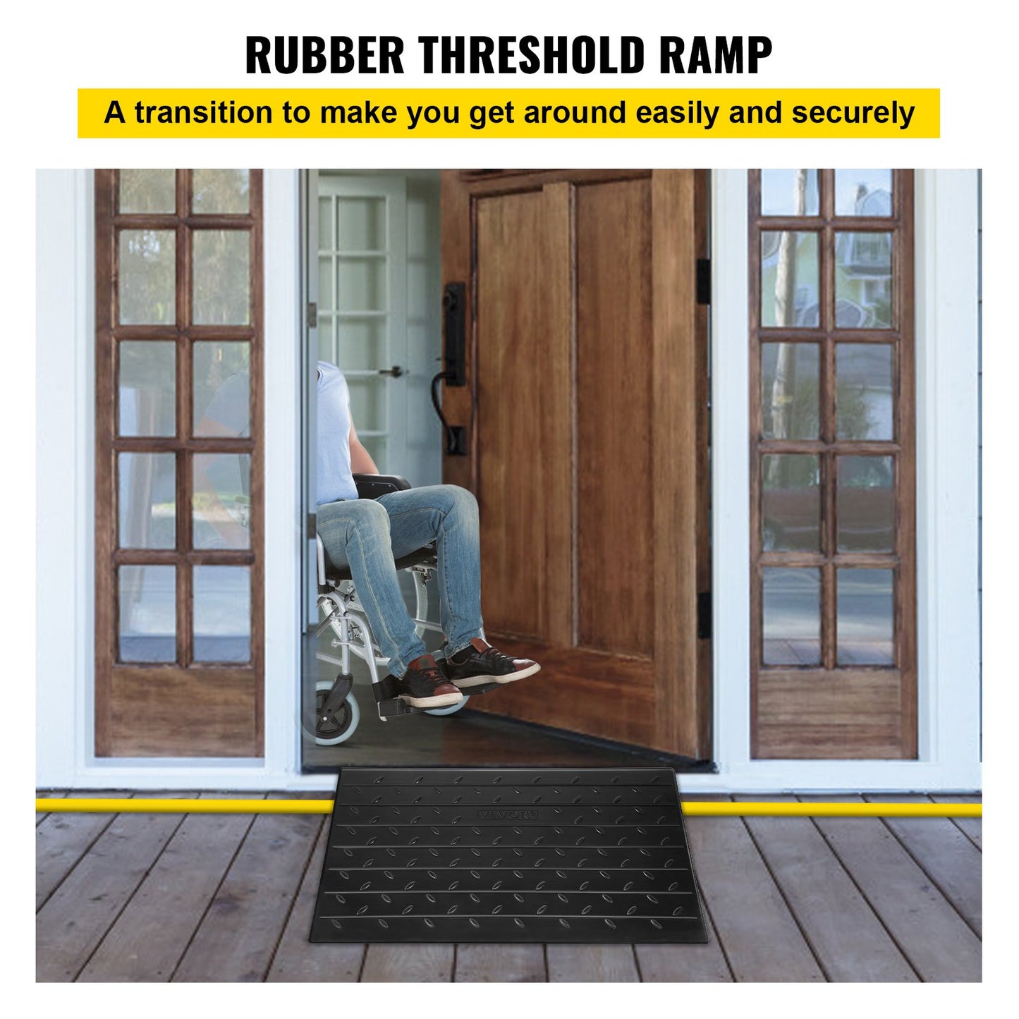 Rubber Threshold Ramp, 6.5 cm Rise Threshold Ramp Doorway, 3 Channels Cord Cover Rubber Solid Threshold Ramp, Rubber Angled Entry Rated 1000 kg Load Capacity for Wheelchair and Scooter