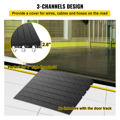 Rubber Threshold Ramp, 6.5 cm Rise Threshold Ramp Doorway, 3 Channels Cord Cover Rubber Solid Threshold Ramp, Rubber Angled Entry Rated 1000 kg Load Capacity for Wheelchair and Scooter