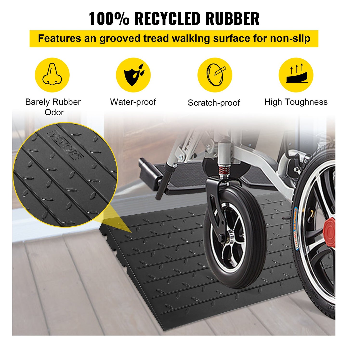 Rubber Threshold Ramp, 6.5 cm Rise Threshold Ramp Doorway, 3 Channels Cord Cover Rubber Solid Threshold Ramp, Rubber Angled Entry Rated 1000 kg Load Capacity for Wheelchair and Scooter