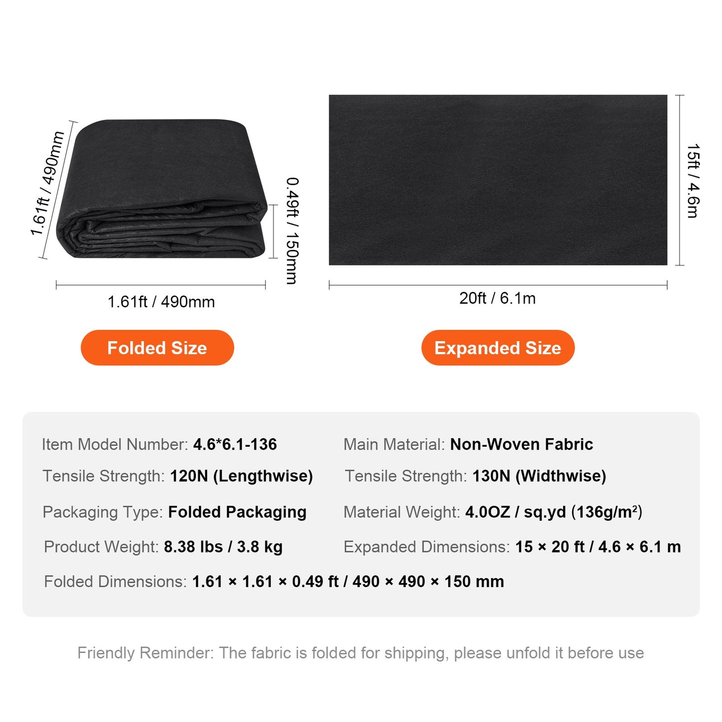 Uppfartstyg, 15x20FT non-woven geotextil för landskapsarkitektur, kraftig ogräsbarriärtyg för trädgårdar, 4OZ landskapstyg, dräneringstyg för franska avlopp, marktäckande ogräsbekämpningstyg